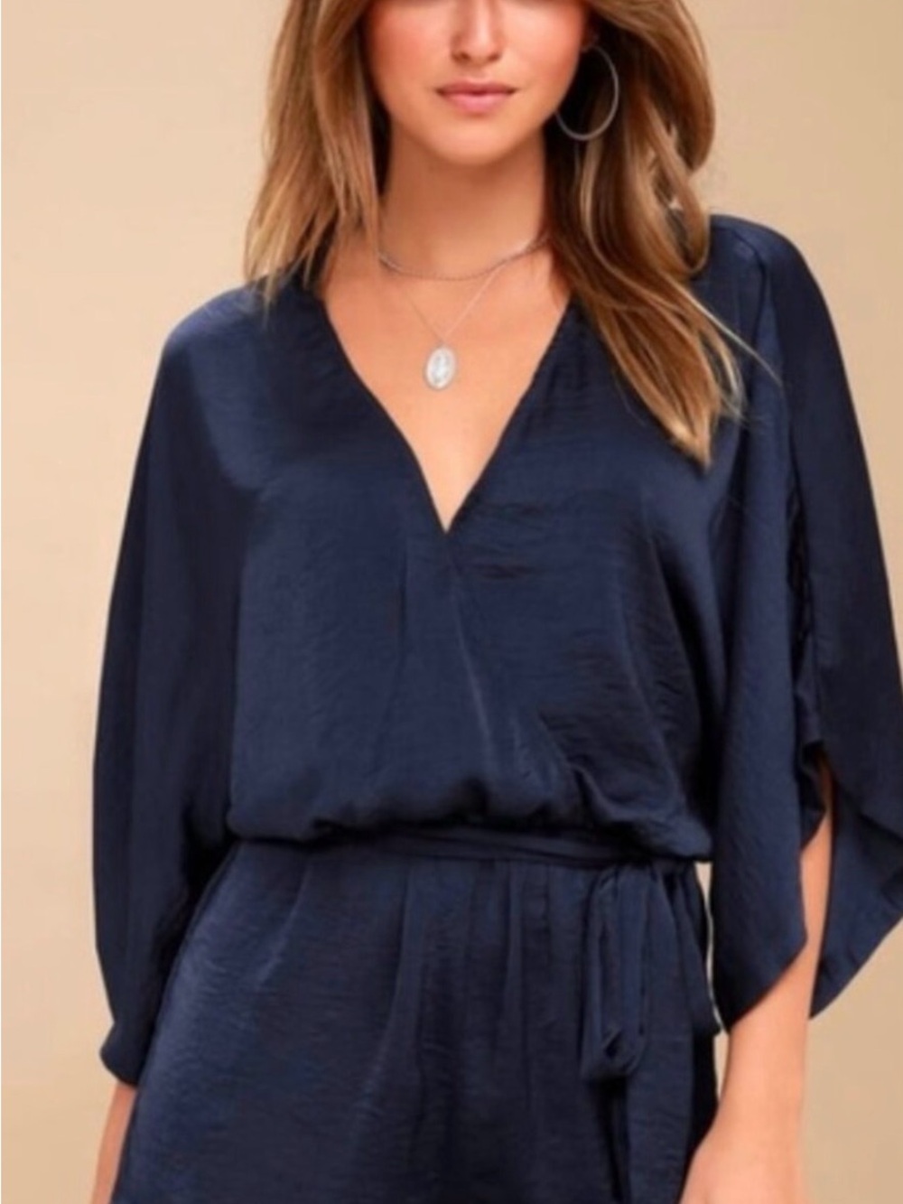Navy V-Neck kimono Satin romper shorts
